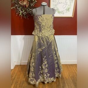 Mon Chéri’s Montage gold and purple iridescent long dress